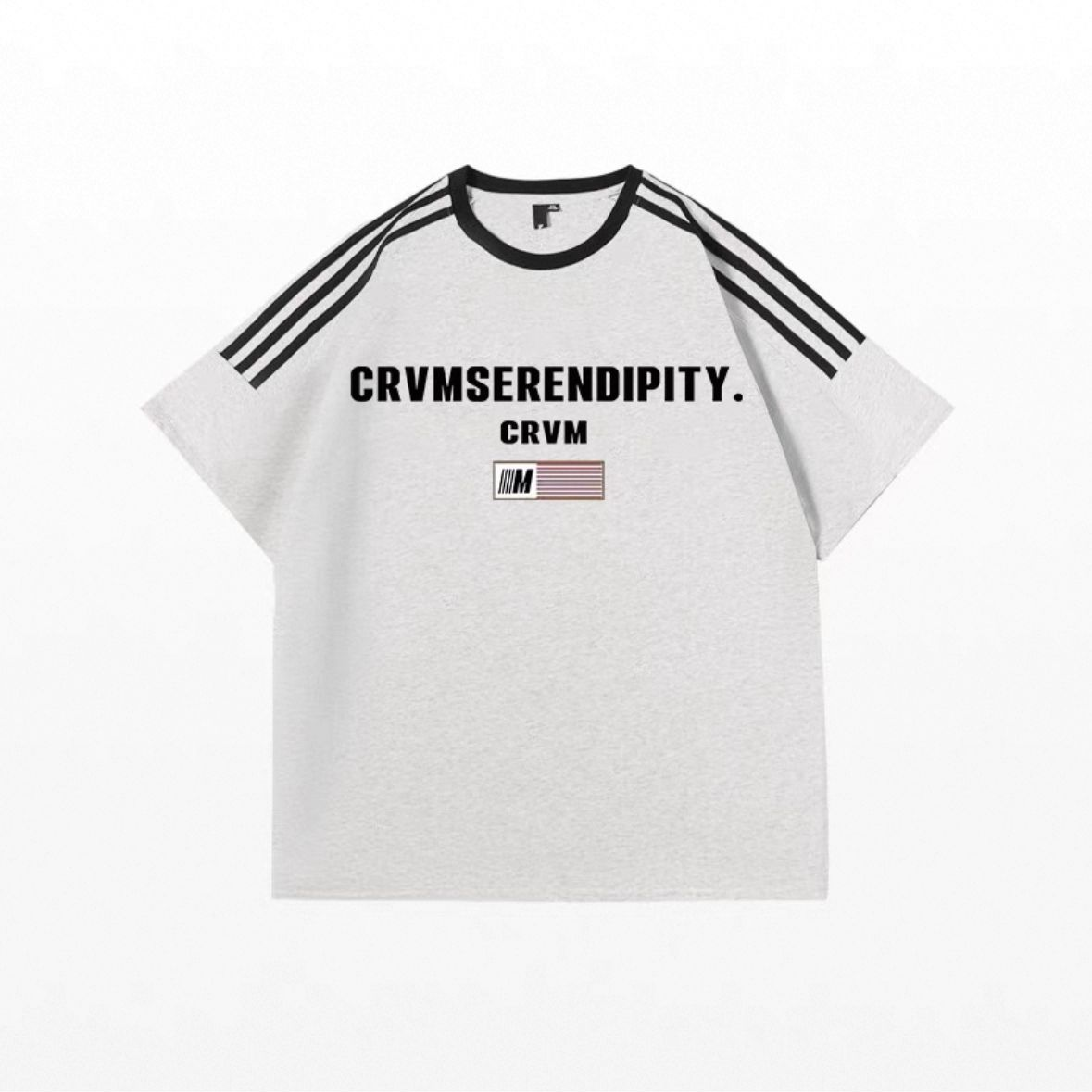 純棉短袖T恤 美式復古三條杠，寬松男女同款情侶風尚